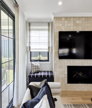 Custom-Sheer-Roman-Blinds-with-trim-for-display-home-Living-Room-1