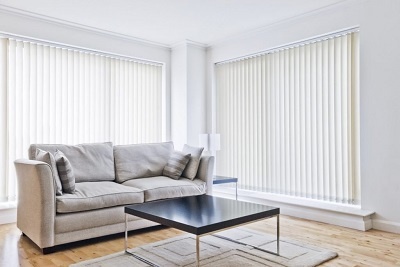 Living room with vertical blinds